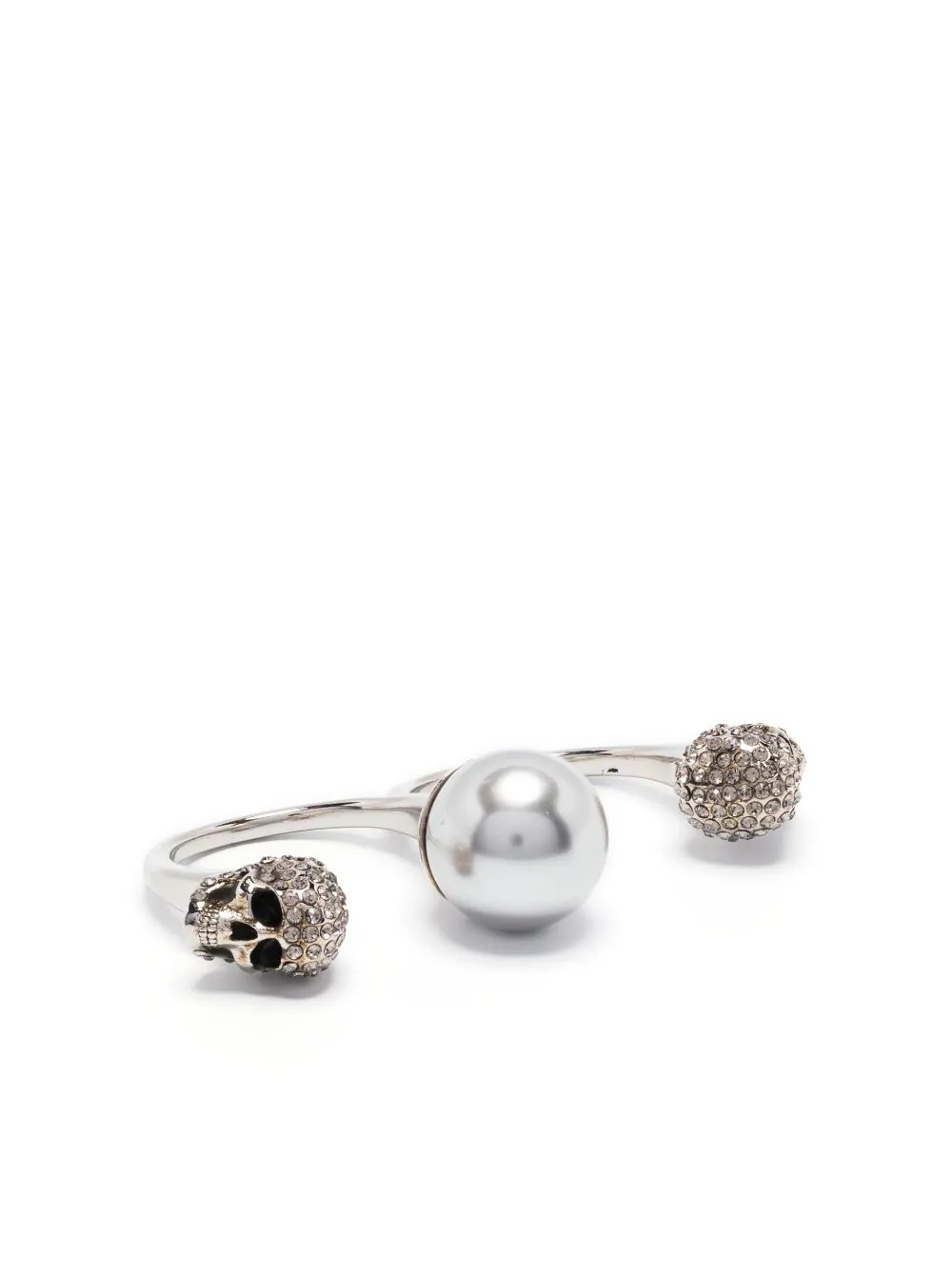 Antiqued Silver Double Pearl Skull Ring